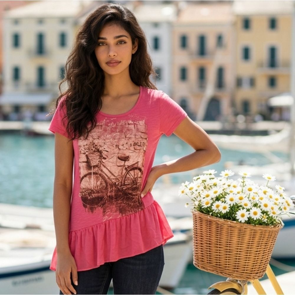 Paris Bicycle Graphic Tee Pink Ruffle Peplum Asymmetrical Y2K Top Medium Blouse